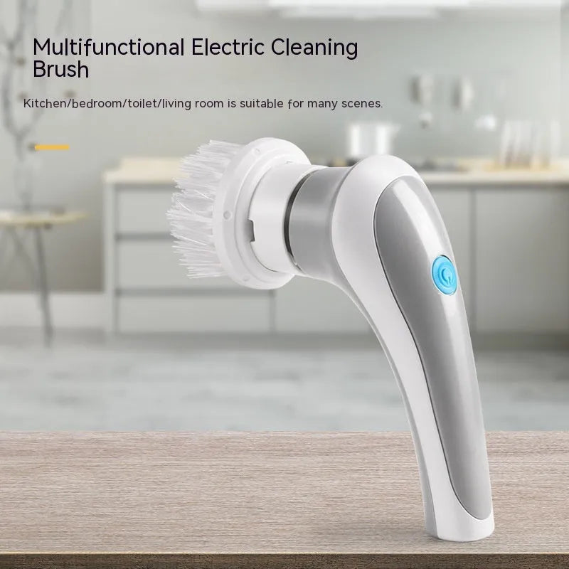 Cordless electric spin scrubber handheld cleaner with four different brush heads on a white background.