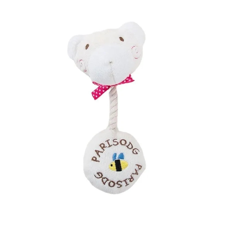 Interactive plush dog toy with sound module and cotton rope in animal designs