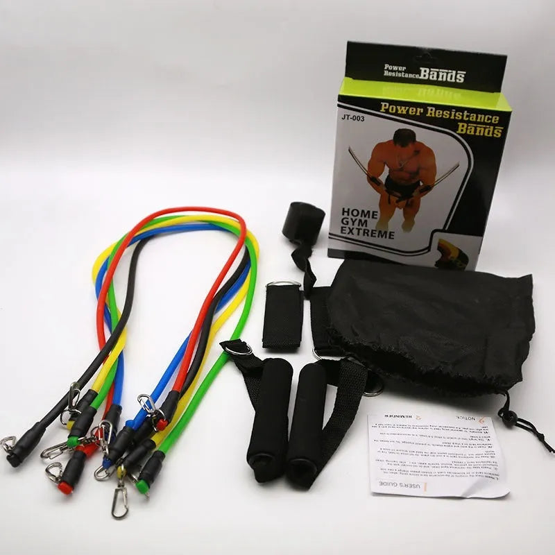 Multi-functional door sports 11-piece combination pulling rope set with ABS components on a white background.