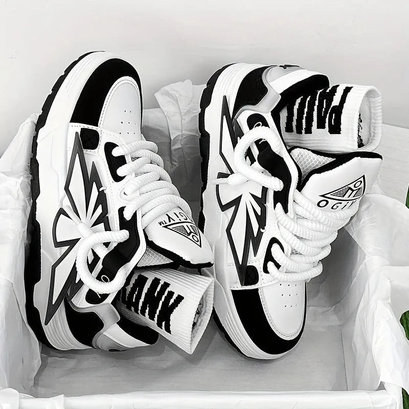 Men's white chunky sneakers with cartoon pattern, thick rubber sole, and front lace-up design on a plain background.