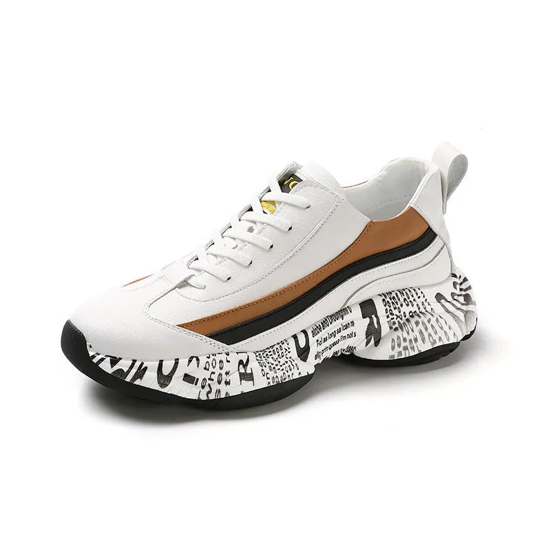Men's thick sole casual inner heightening breathable sneakers in microfiber leather black and white