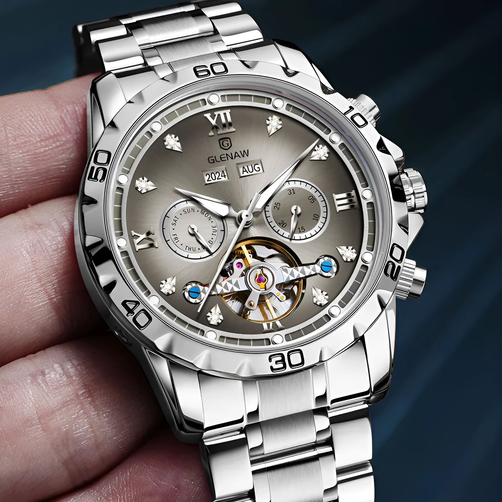 Men's automatic mechanical watch with stainless steel strap and silver case.