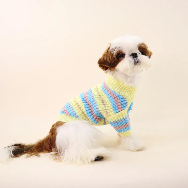Blue and yellow striped wool dog sweater for small breeds showing size options from XS to XXL