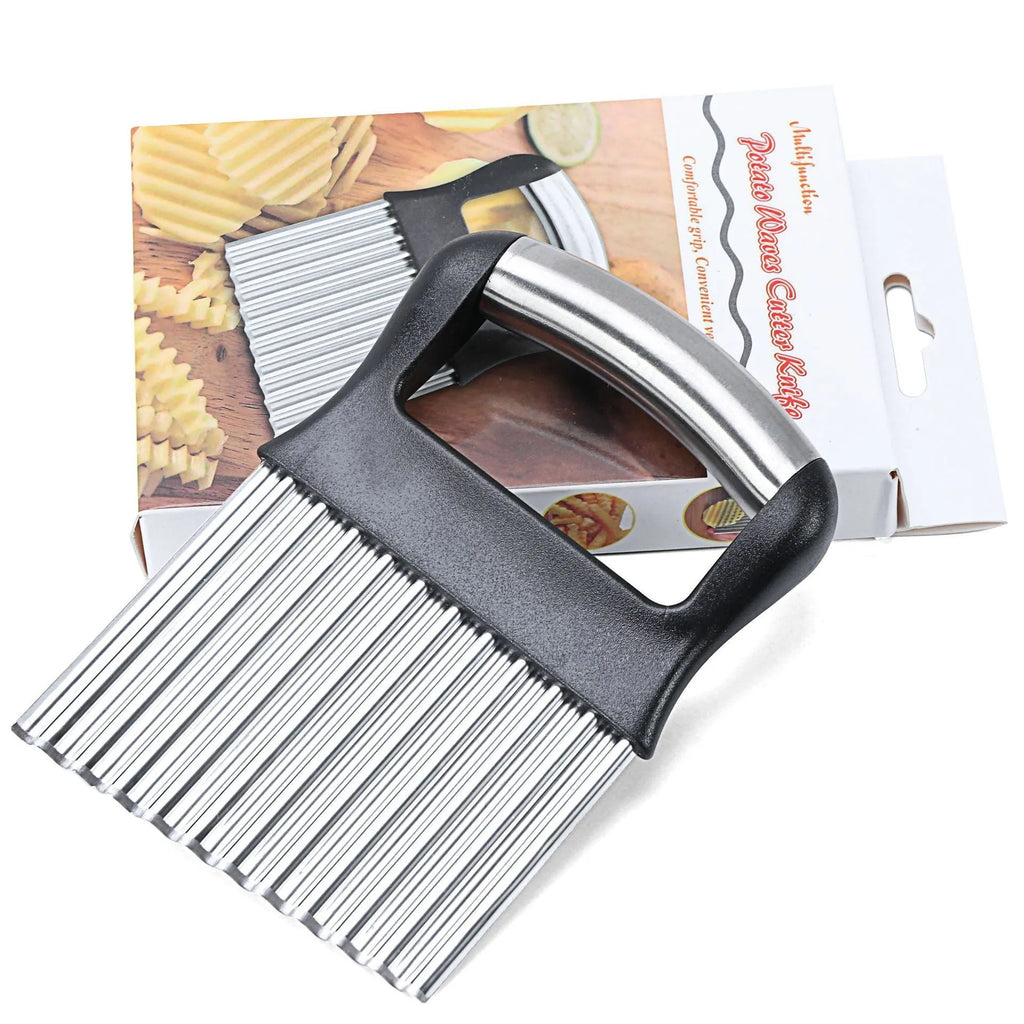 Stainless steel potato wave knife with corrugated blade on a wooden cutting board
