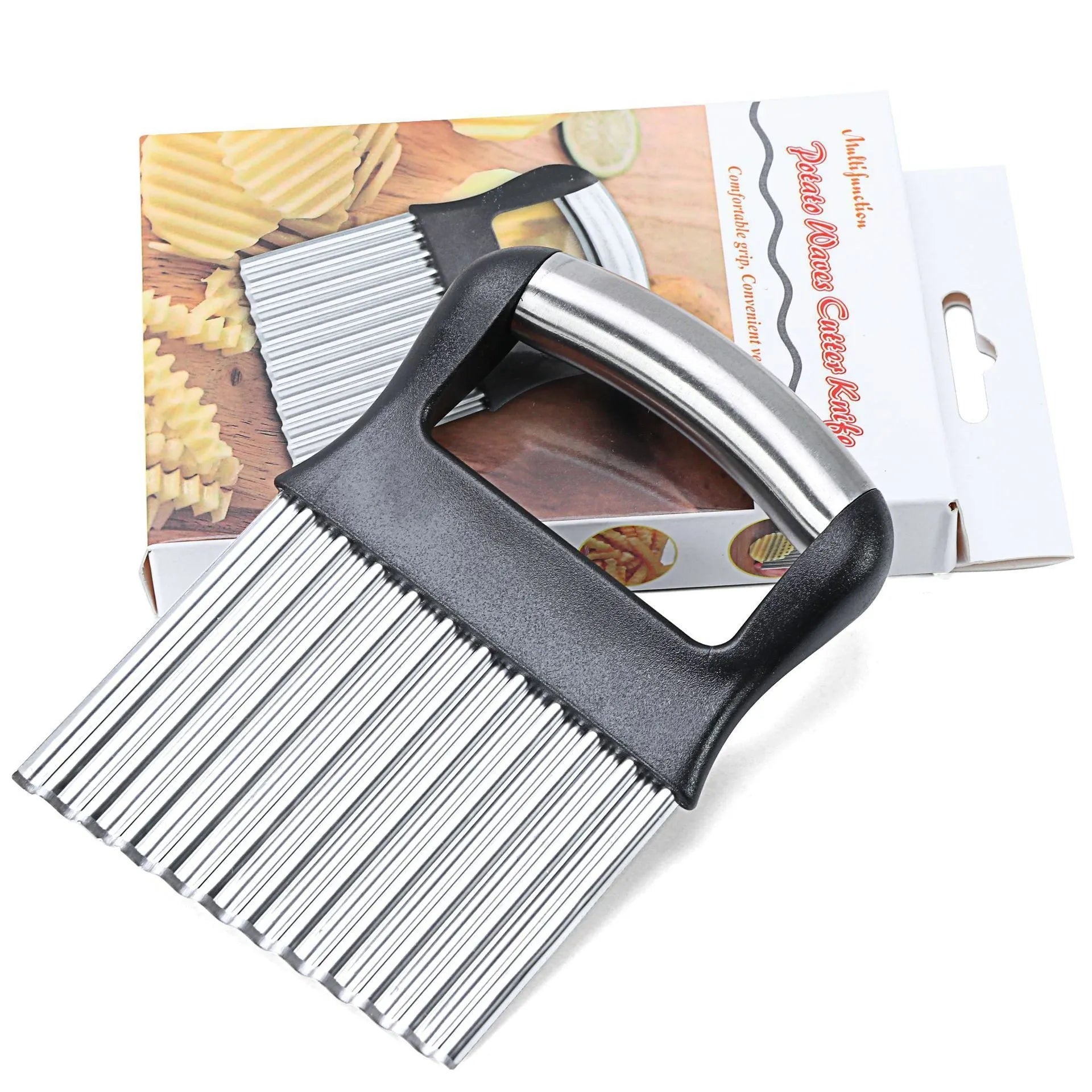 Stainless steel potato wave knife with corrugated blade on a wooden cutting board