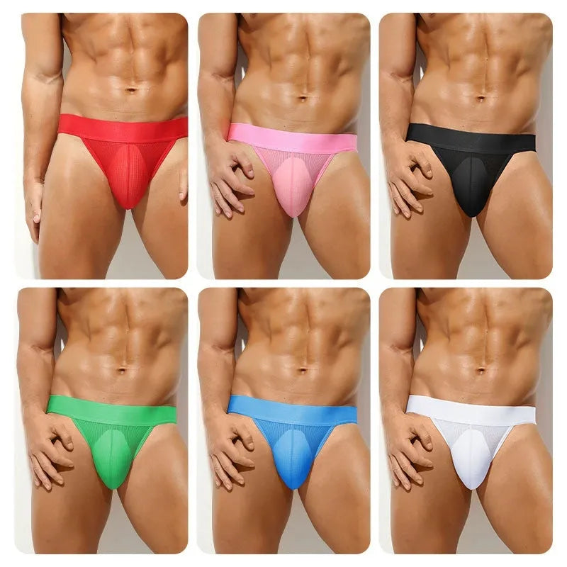 Men's pure colour translucent low waist sports underwear T-back in sky blue on a white background