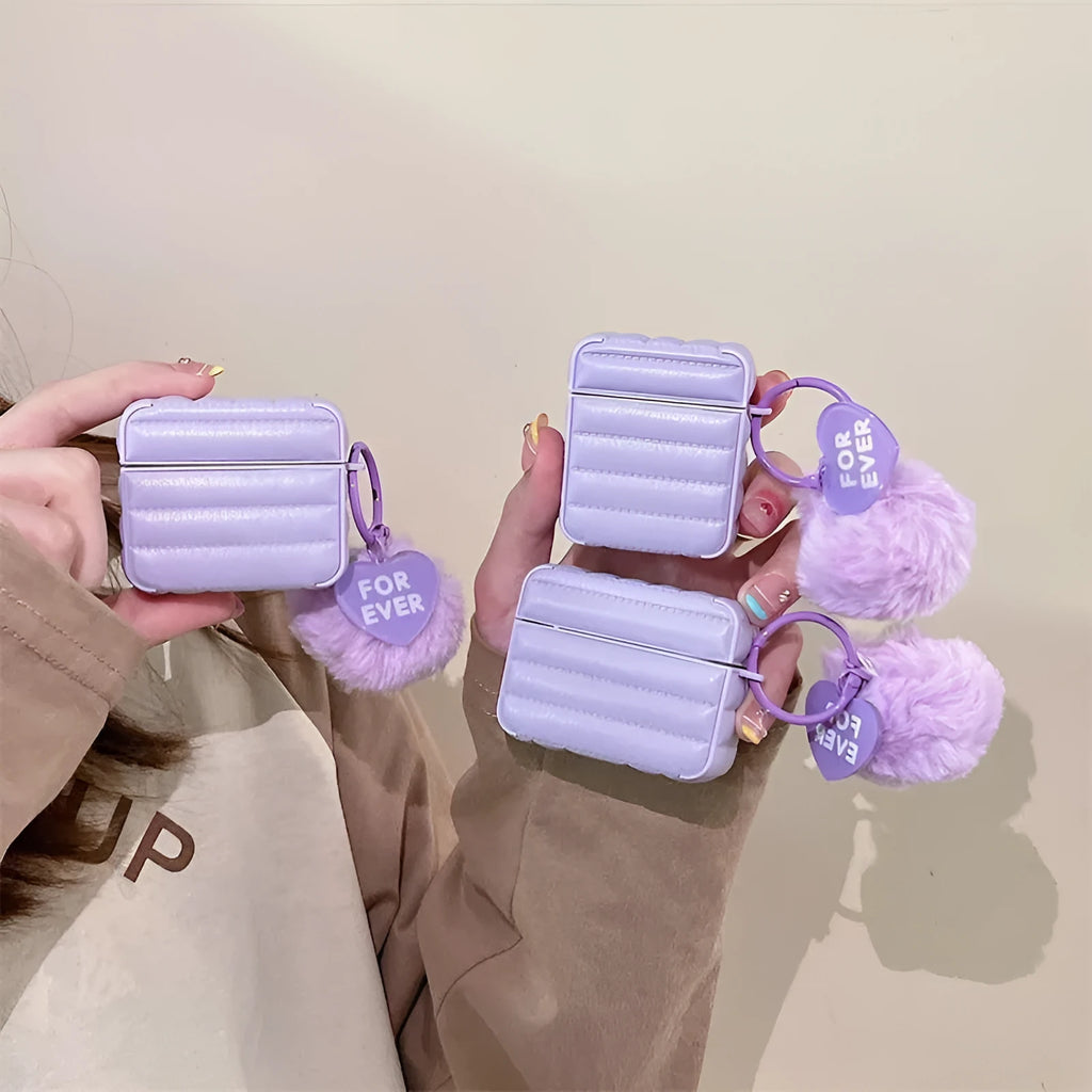 Purple down jacket AirPods case with fuzzy ball pendant, solid colour protective shell for AirPods 3, 1/2, and Pro