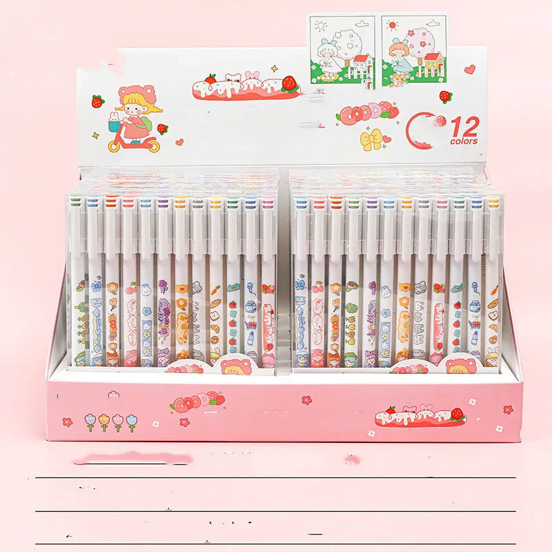 Set of twelve coloured gel pens with 0.5mm fine tips and plastic bodies for hand accounting.