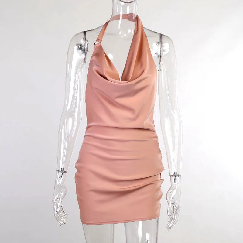 Satin V-neck backless party dress with adjustable spaghetti straps, ruched sides, available in black, pink, white