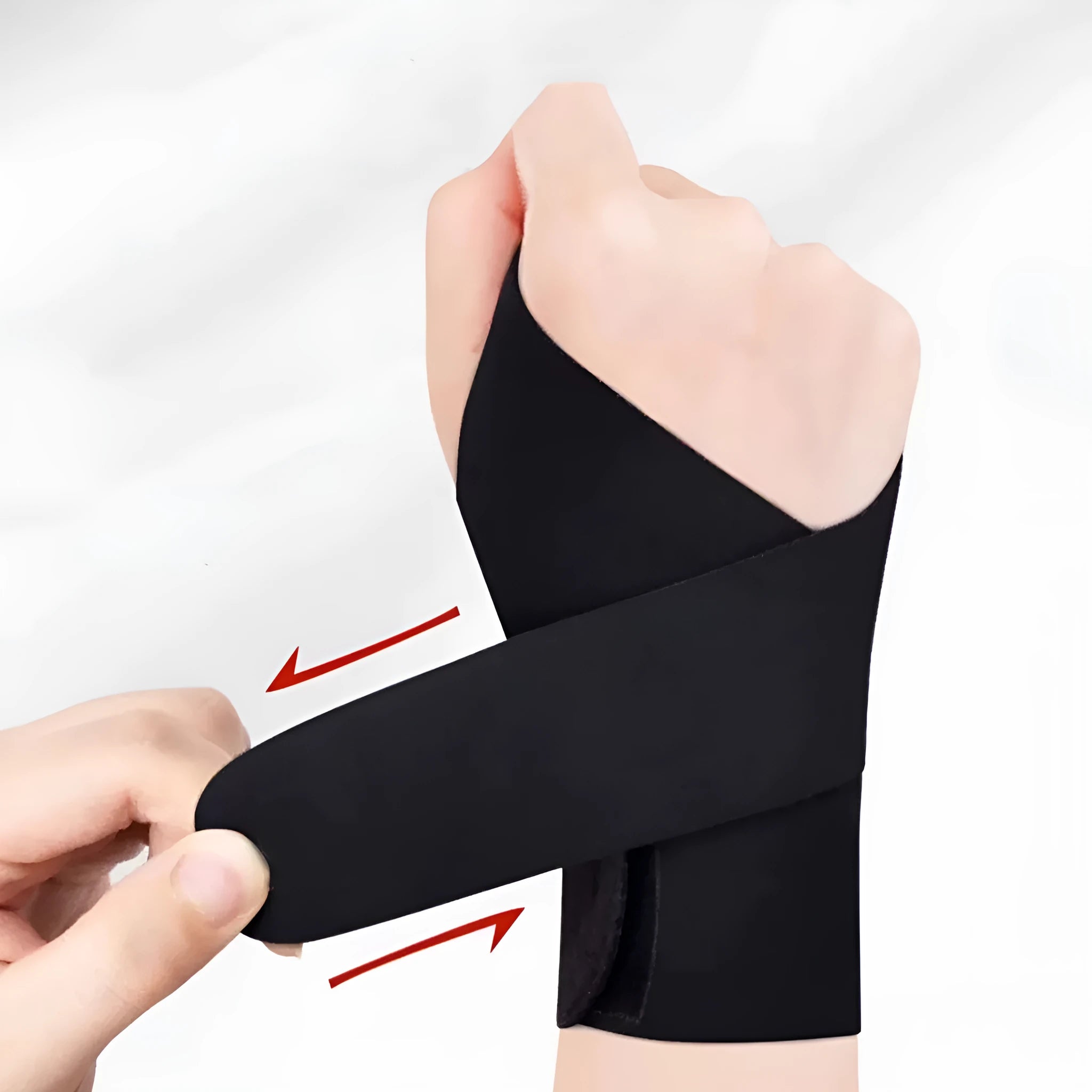 Adjustable black athletic wristguard for wrist support during sports like badminton and tennis.