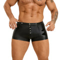 Black PU leather men's boxer shorts with a U-shaped pouch, shown flat.