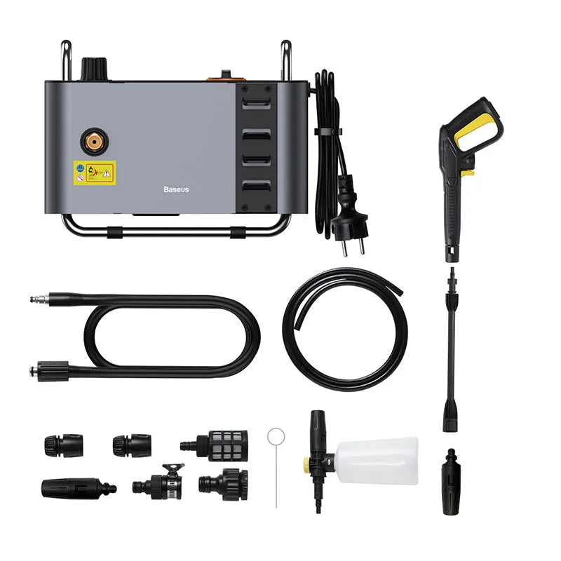 Grey F1 Car Pressure Washer with 10-metre outlet pipe and foam pot on a clean driveway