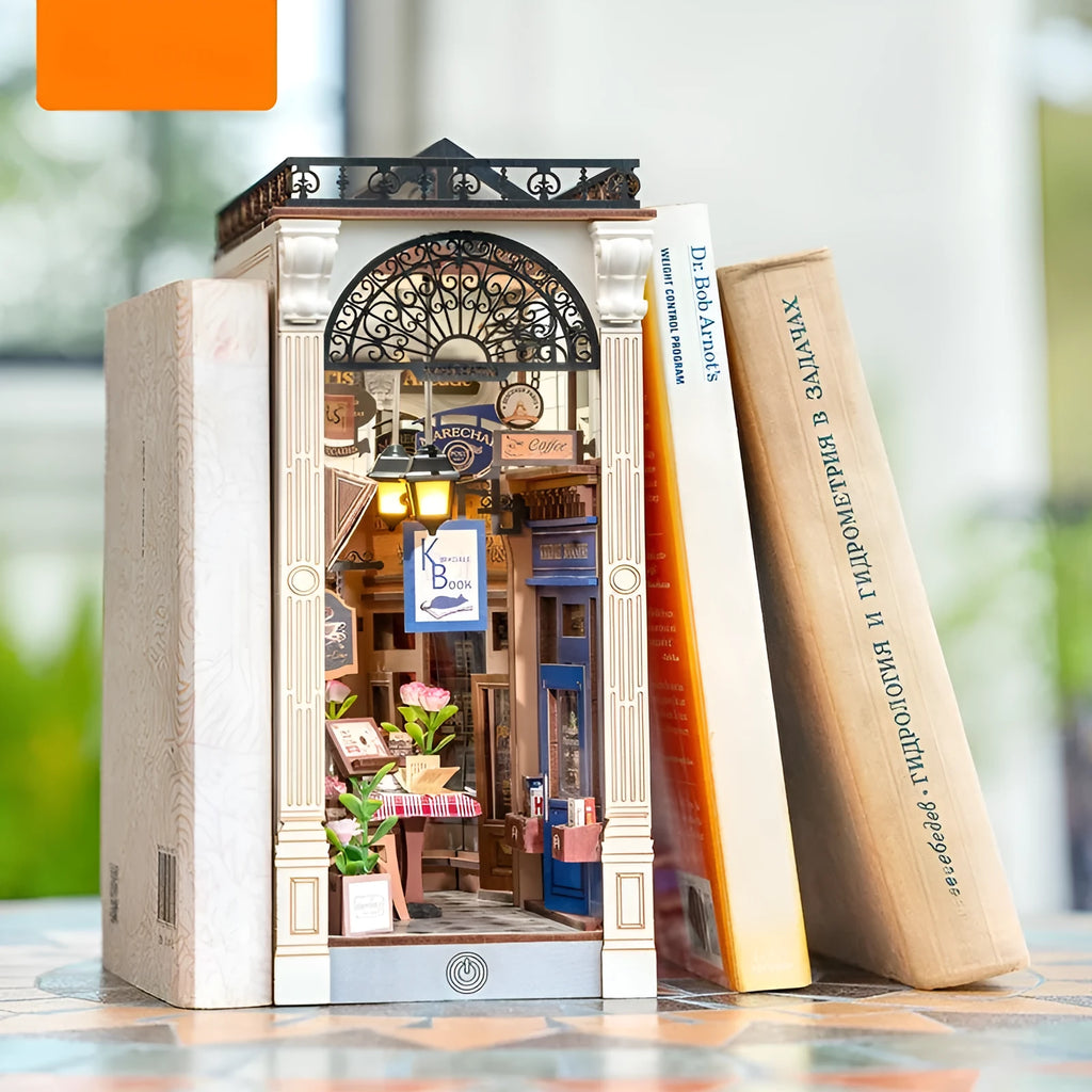 Ruolai Arcade three-dimensional puzzle blocks assembled model showing arcade design on a wooden surface