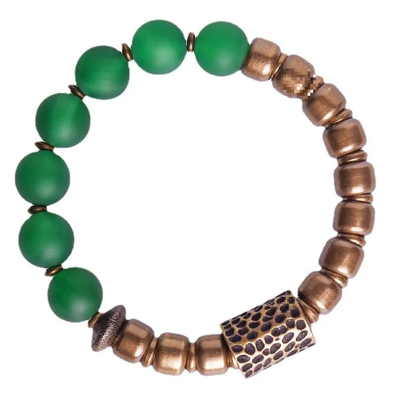 Retro ethnic style couples bracelet made from natural green and red agate stones on a sizing chart showing 15, 16, 17, 18 yard options.
