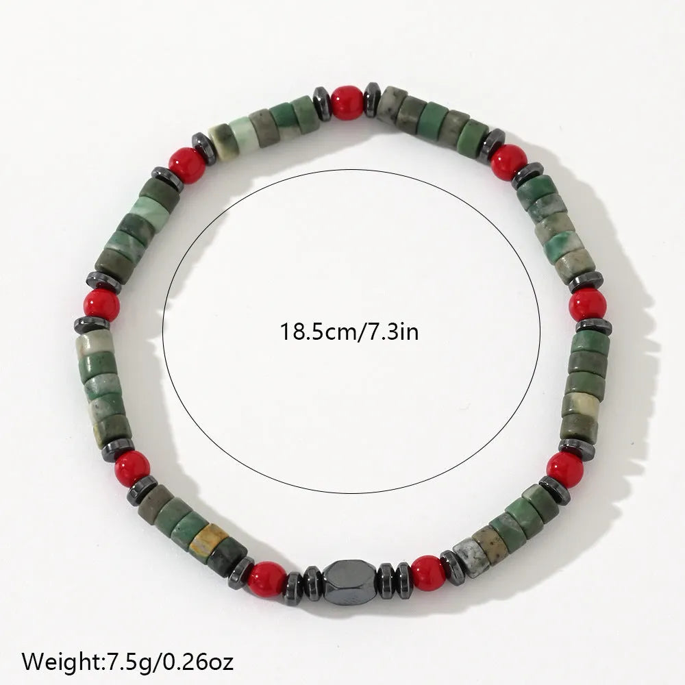 Men's hand-woven bracelet with cylindrical semi-precious stone beads on a string.
