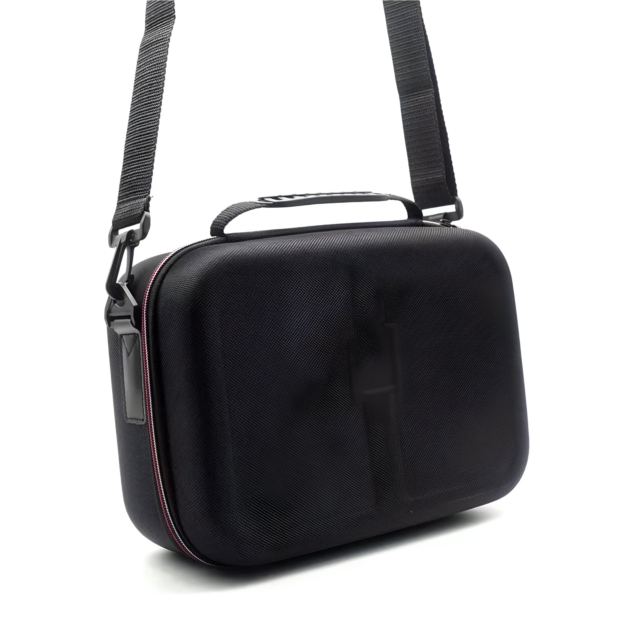 Black EVA hard shell game console accessory storage bag shown in two size options.