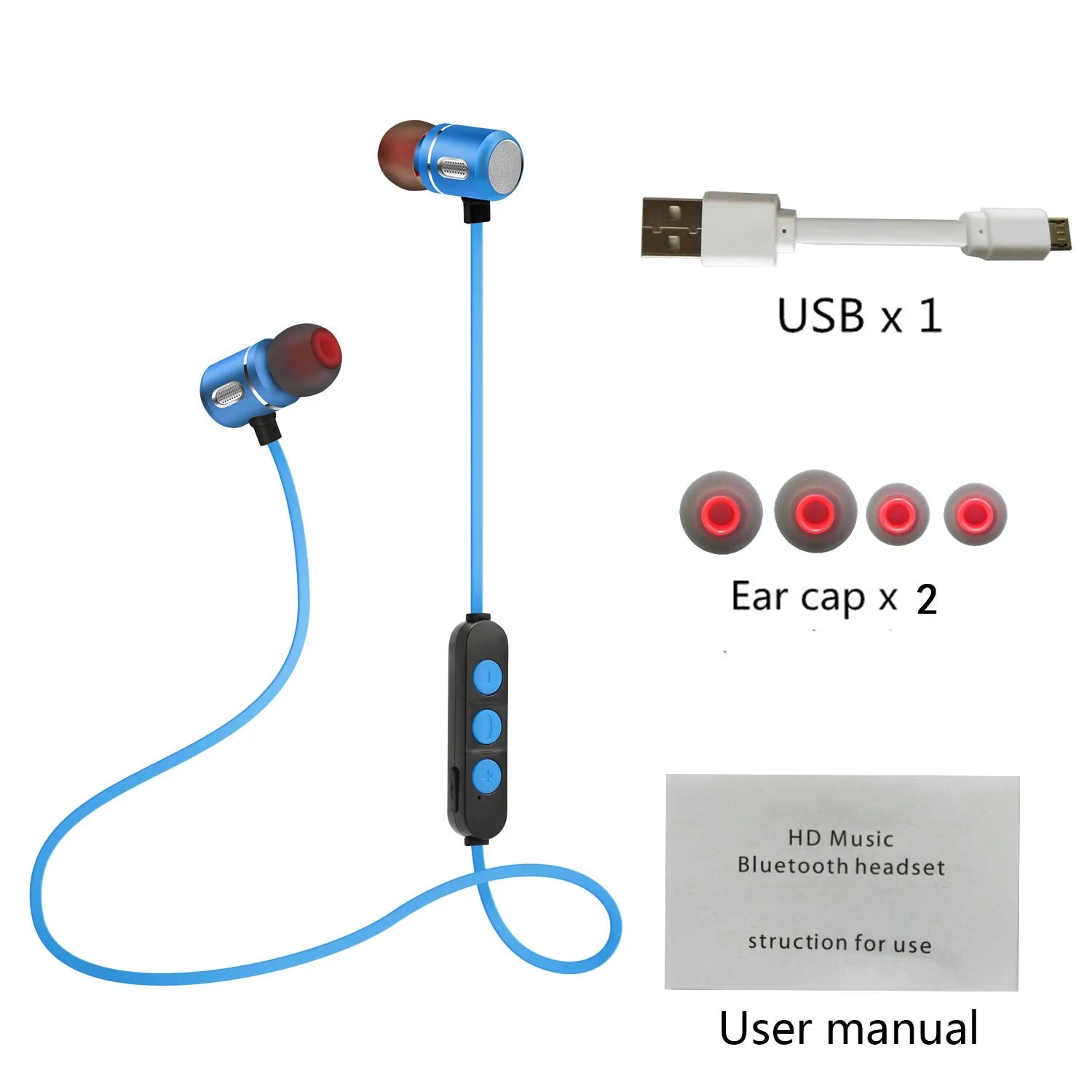 AX-09 magnetic sports Bluetooth headset in blue with ear caps and USB cable