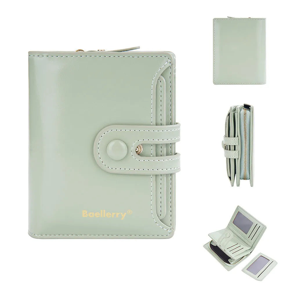 Women's PU leather wallet in multiple colour options showing card slots and cash compartment.