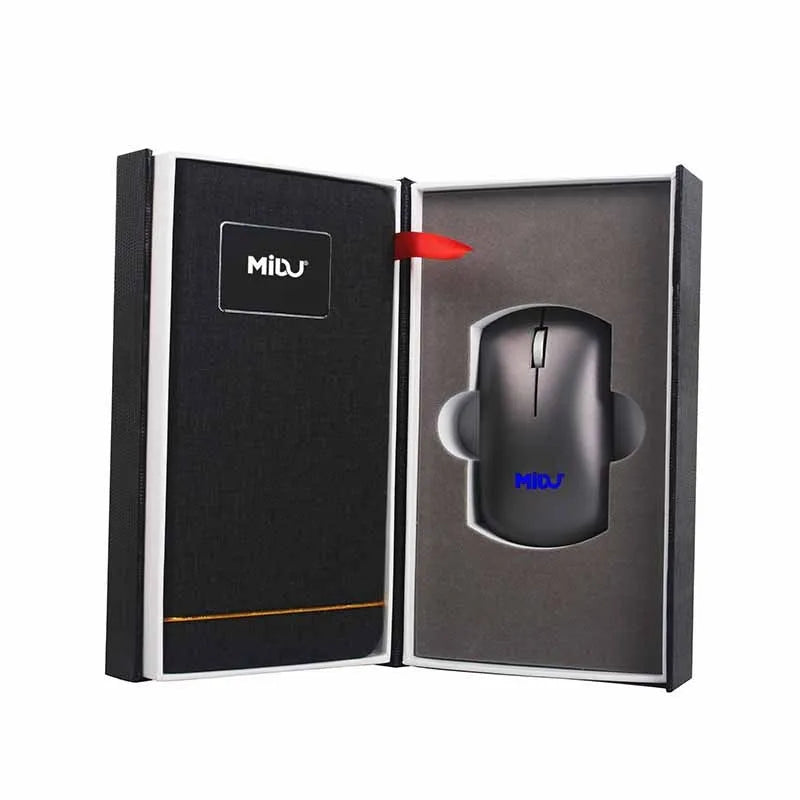 Folding wireless charging mouse pad set with compact wireless mouse on branded cloth surface.