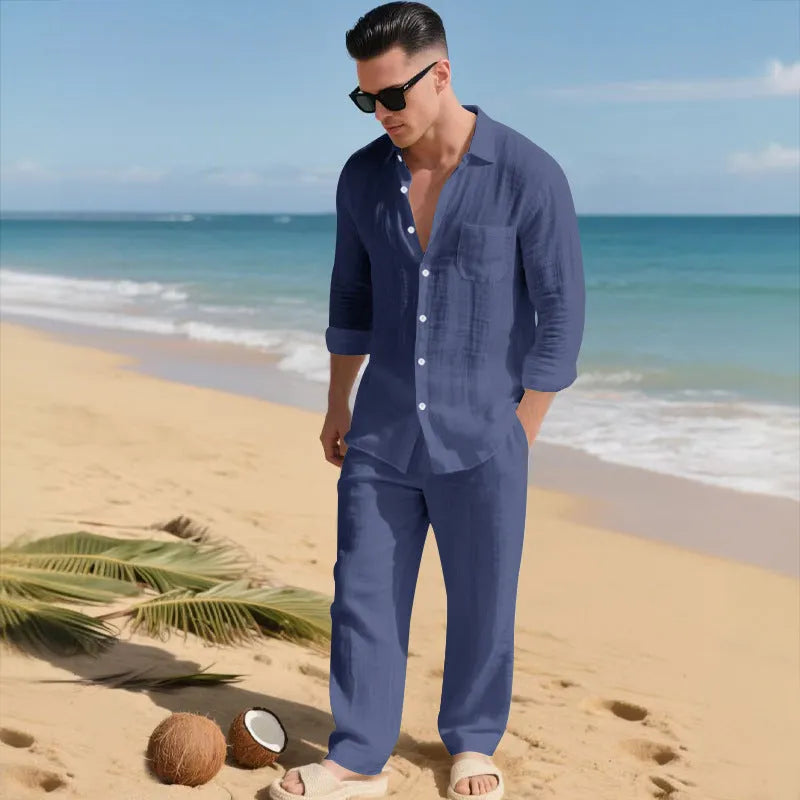Beach Leisure linen blend casual shirt and pants set in khaki, loose collar long sleeves, autumn wear