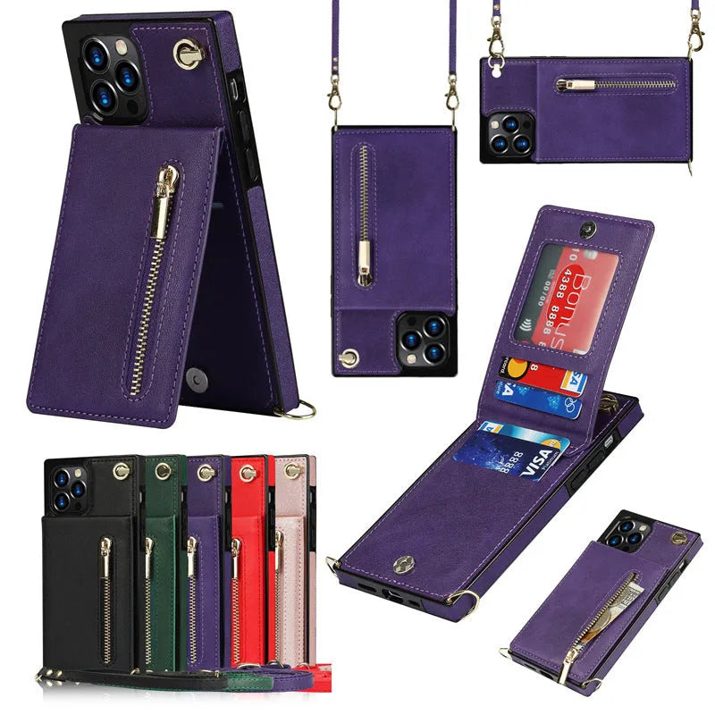 Leather messenger phone case in TPU and leather, available in five solid colours, fits multiple iPhone and Samsung models