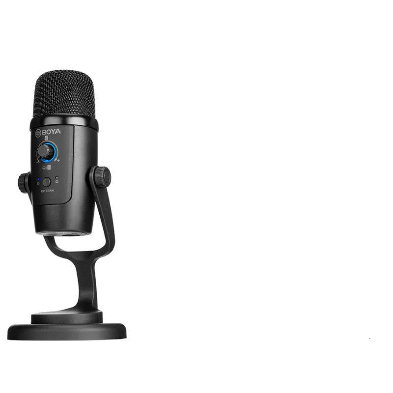 Black Boya BY-PM500 USB microphone with built-in sound card and Type-C port on a stand.