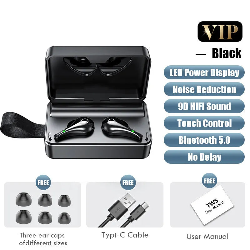 Black wireless Bluetooth in-ear headphones with microphone, silicone ear tips and charging box