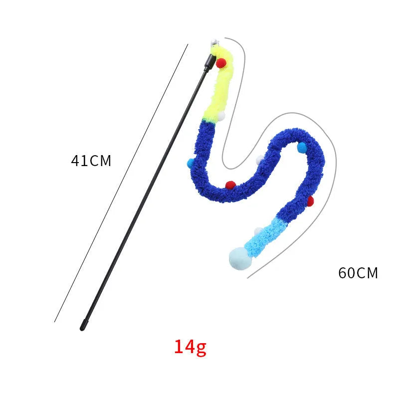 Colourful cat wand toy with long plush strip, fluffy ball, and bells on 41cm pole