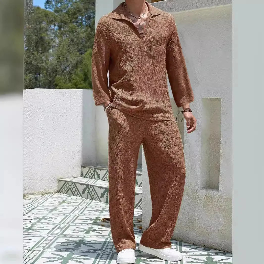 Men's casual shirt and trousers set in a choice of colours including lake blue and khaki.