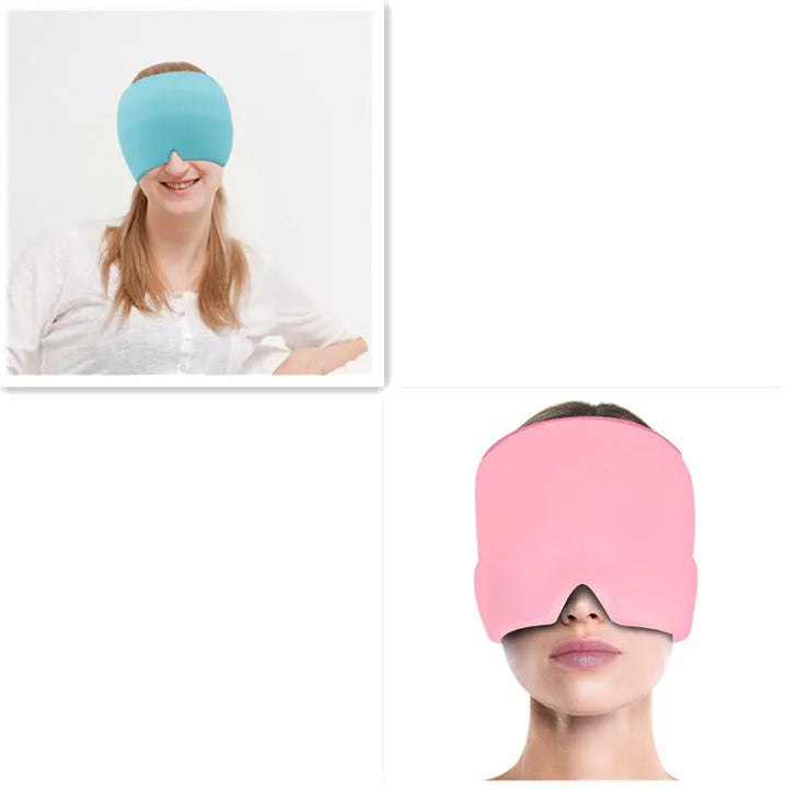 Black cooling gel eye mask for headache relief on a white background.
