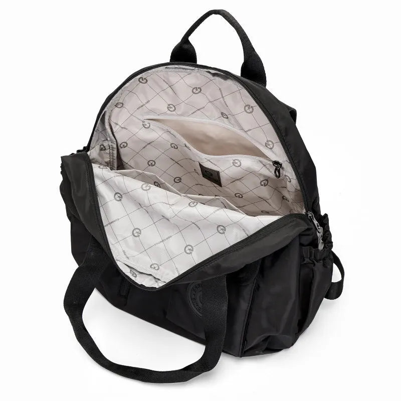 Large black nylon backpack with a front sandwich pocket, shown next to a khaki and a green graphic version.