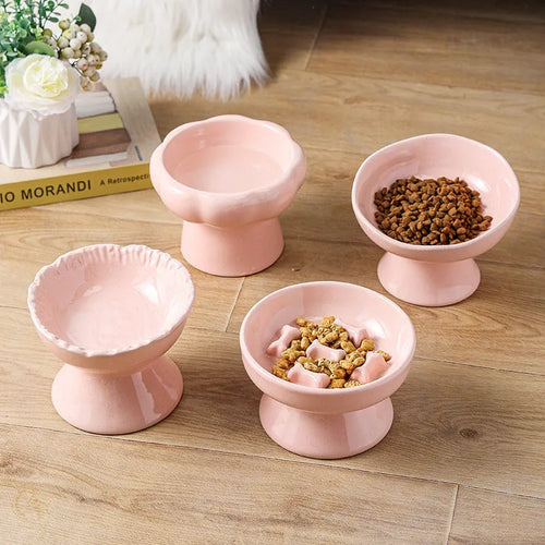 Anti-tumble large diameter ceramic pet bowl for cats in beige, side view