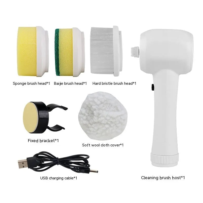 Cordless electric spin scrubber handheld cleaner with four different brush heads on a white background.