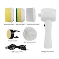 Cordless electric spin scrubber handheld cleaner with four different brush heads on a white background.