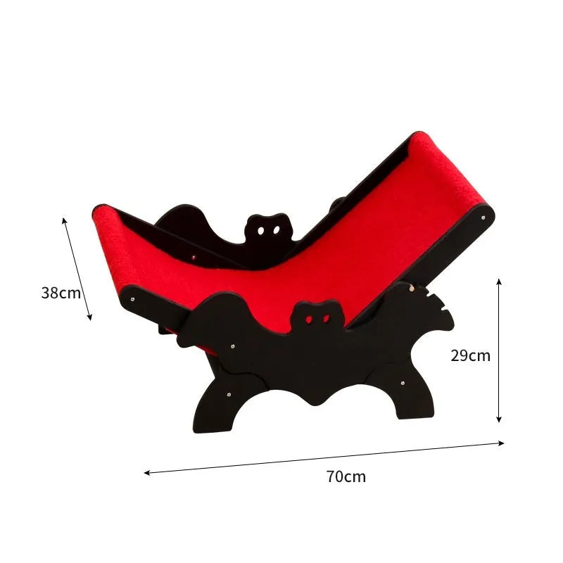 Black and red Halloween bat-themed wooden cat recliner bed with cage design and included lounge chair.