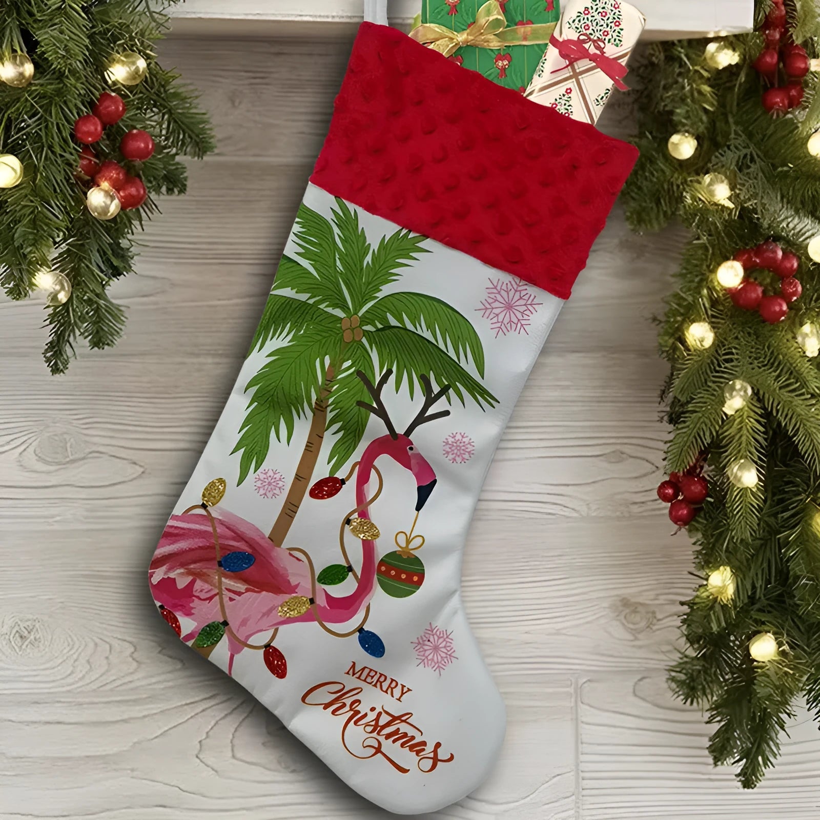 Large flamingo-patterned red Christmas stocking hanging decoration measuring 46 by 28 centimetres