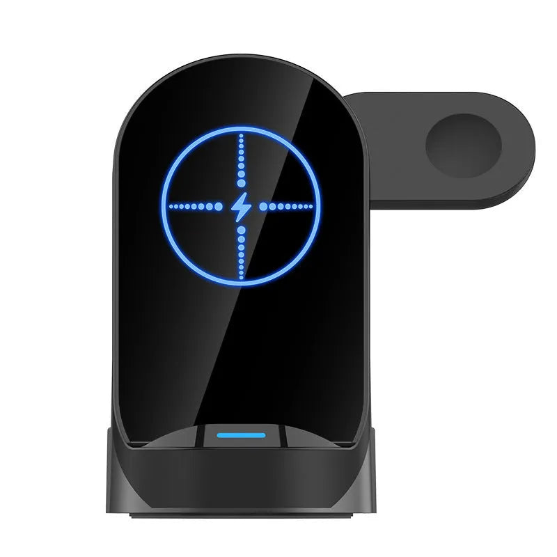 Black-grey foldable 3-in-1 wireless charger stand holding a phone vertically with a watch and earbuds charging on base.