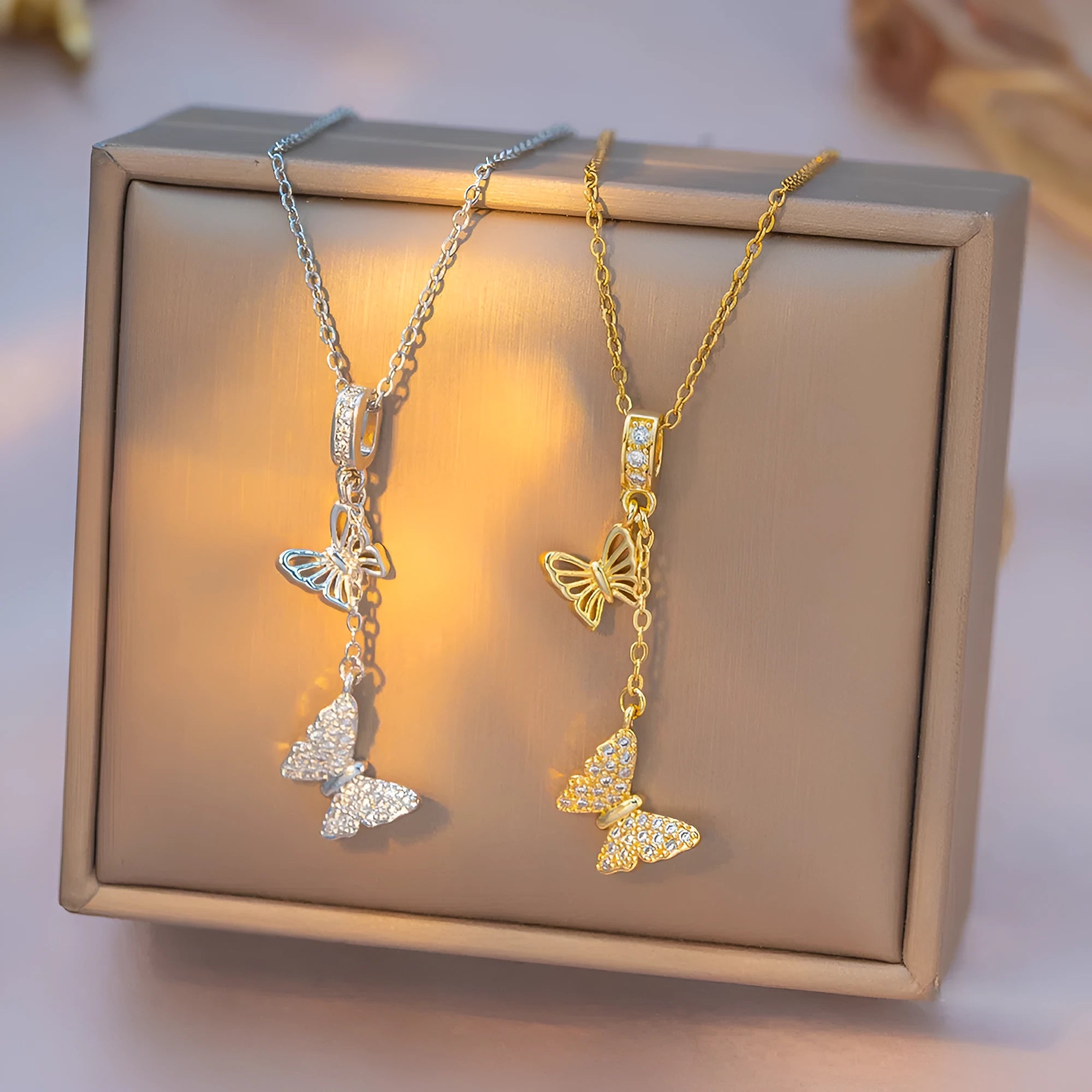 Japanese Korean style light luxury full rhinestone tassel butterfly micro-inlaid necklace on display