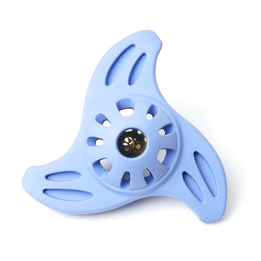 Blue boomerang-shaped molar dog chew toy for medium and large breed dogs on a plain background