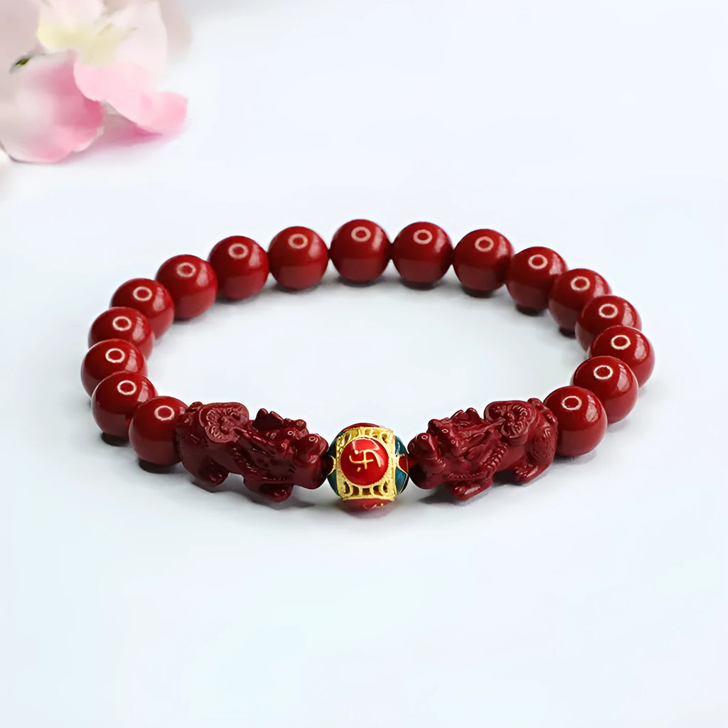 Purple gold sand cinnabar women's bracelet with double Pixiu carving, 8mm diameter