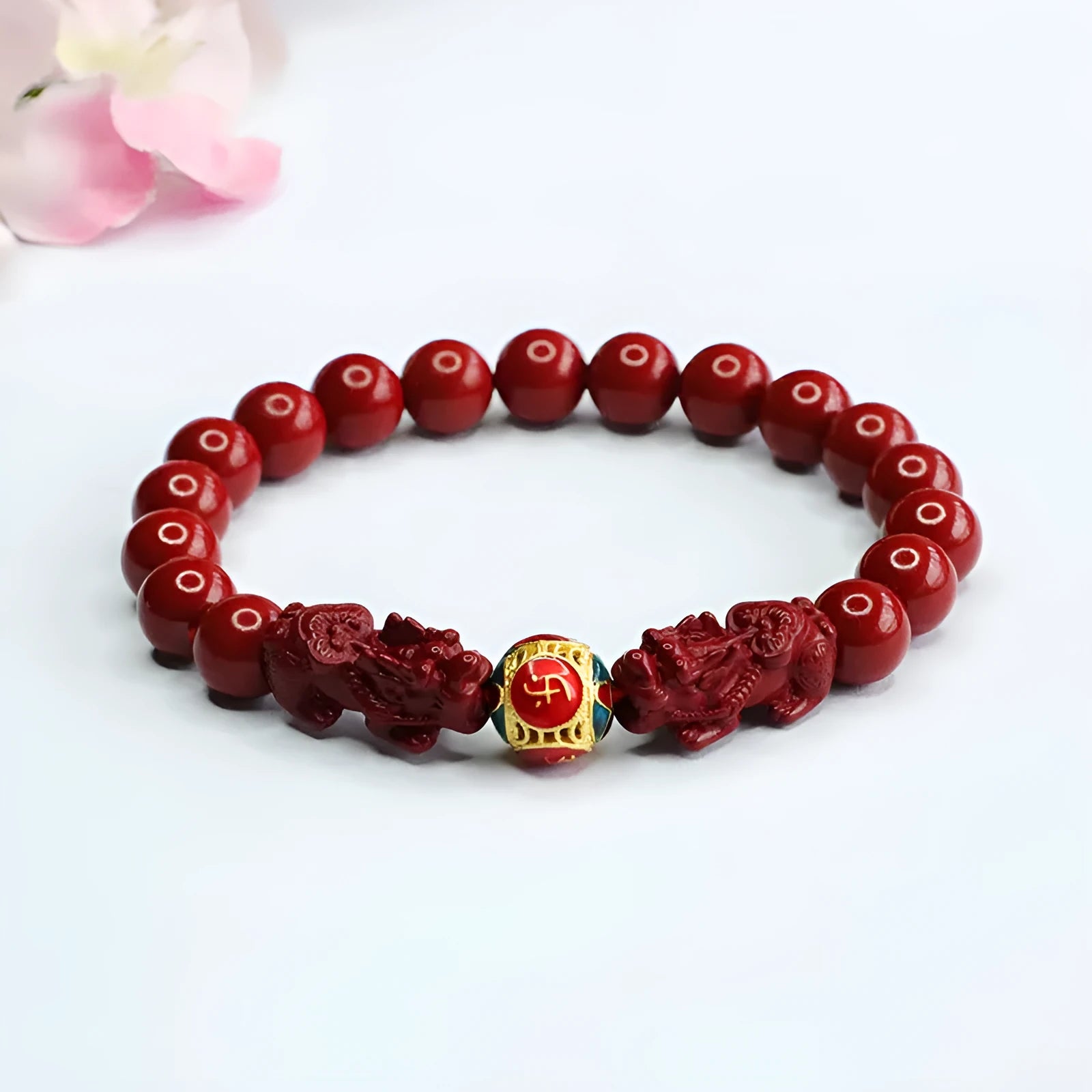 Purple gold sand cinnabar women's bracelet with double Pixiu carving, 8mm diameter
