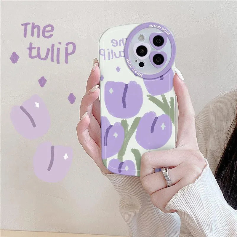 Purple tulip transparent phone case with heart lens design and matching bracelet for iPhone