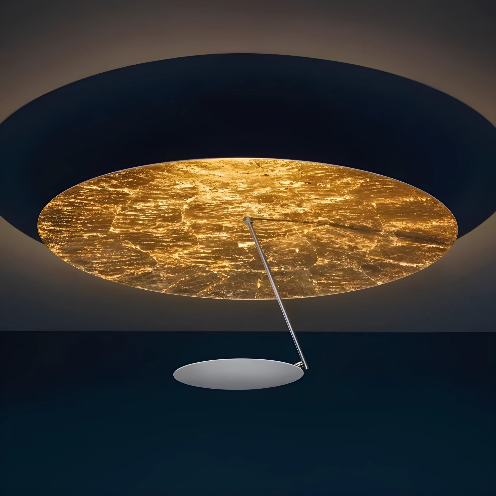 Modern circular iron ceiling lamp with a white powder-coated shade and integrated warm white LED light