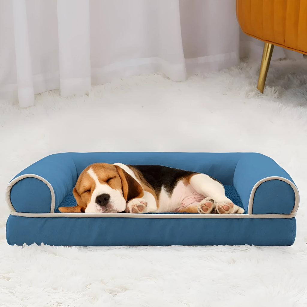 Square dark grey dog bed with breathable sponge insert and removable cloth cover on a wooden floor.