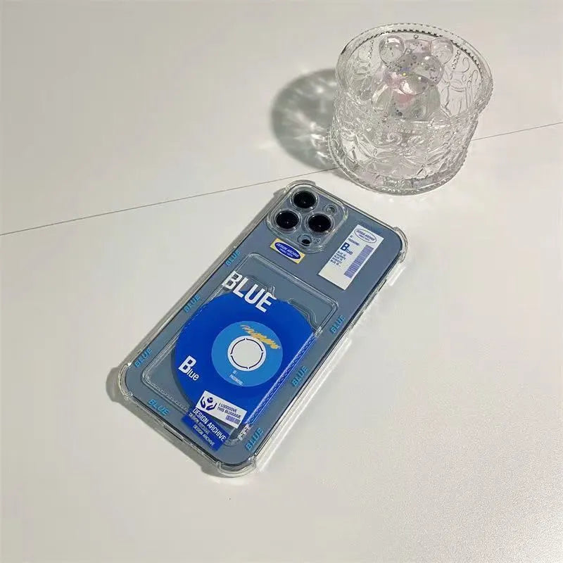 Klein Blue Record transparent card sleeve phone case for iPhone on a white background