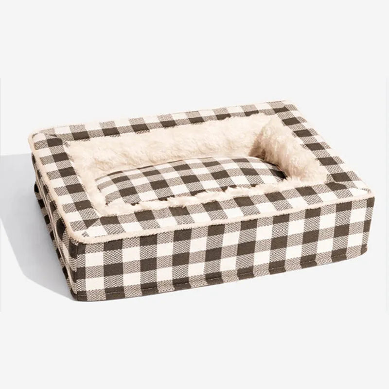 Classic plaid removable dog kennel mat in red, shown inside a wire crate
