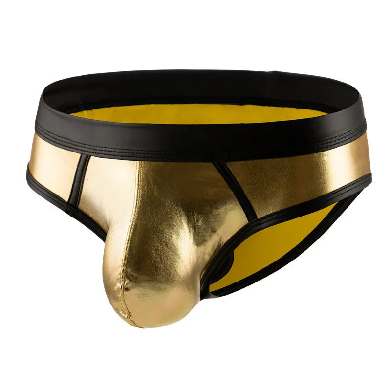 Men's gold low waist polyester bikini swim briefs on a white background.