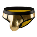 Men's gold low waist polyester bikini swim briefs on a white background.