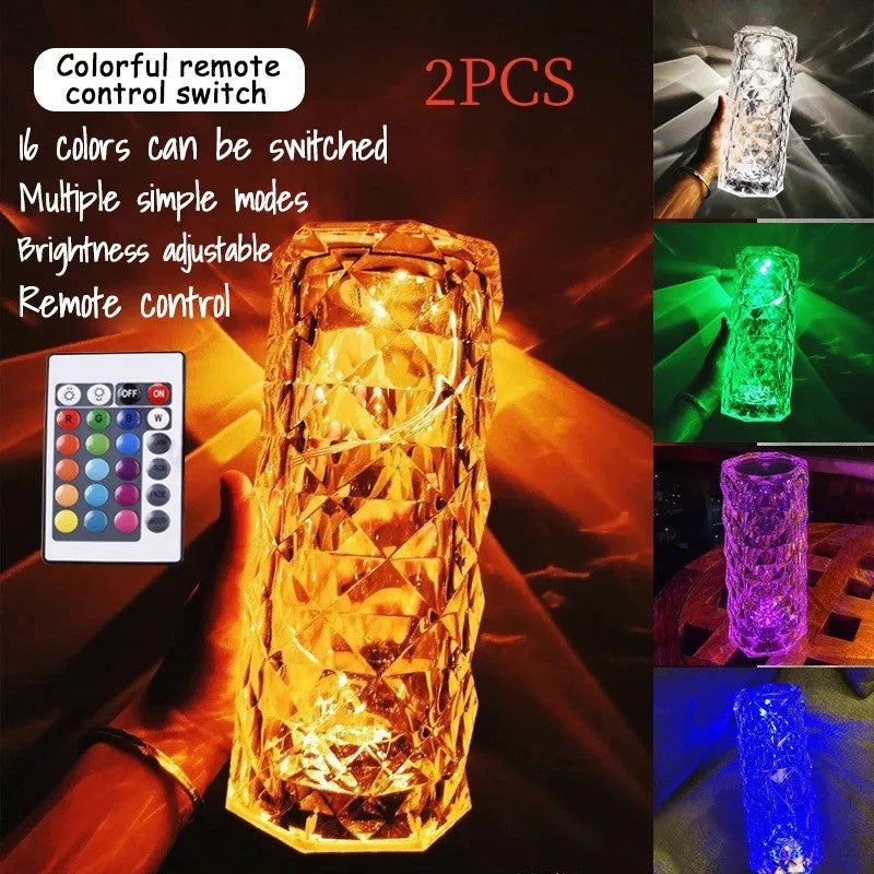LED crystal rose diamond table lamp with PAMA acrylic construction showing three-tone lighting options