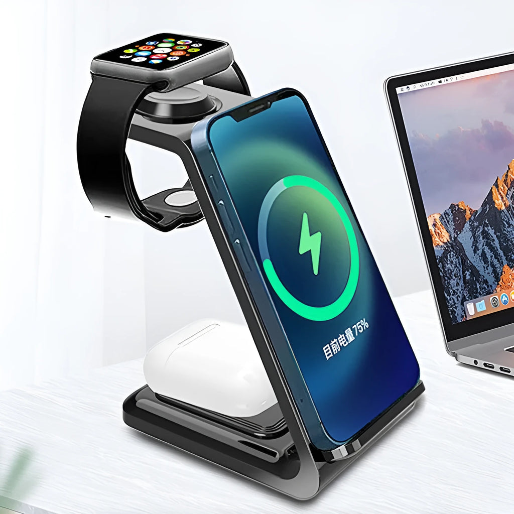 White upright wireless charging stand holding a mobile phone, with a smartwatch and earbuds case charging on its base.